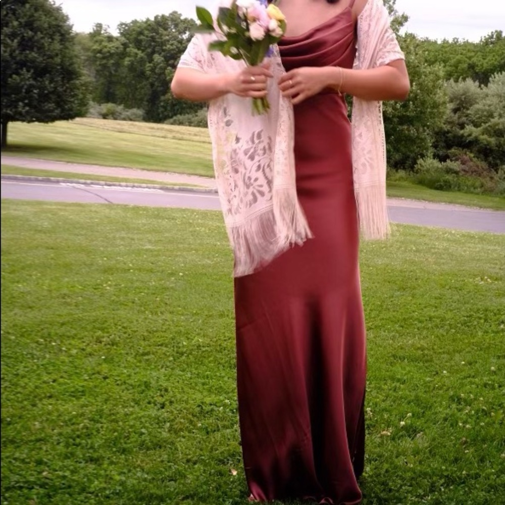 Revelry Skye Satin in Cinnamon Rose. Size 4